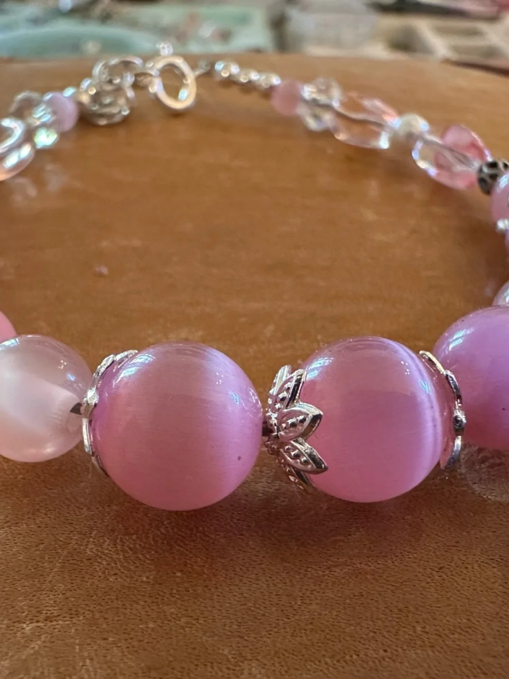 Pink Cat-Eye Beaded Bracelet with Silver Accents - Picture 3 of 8